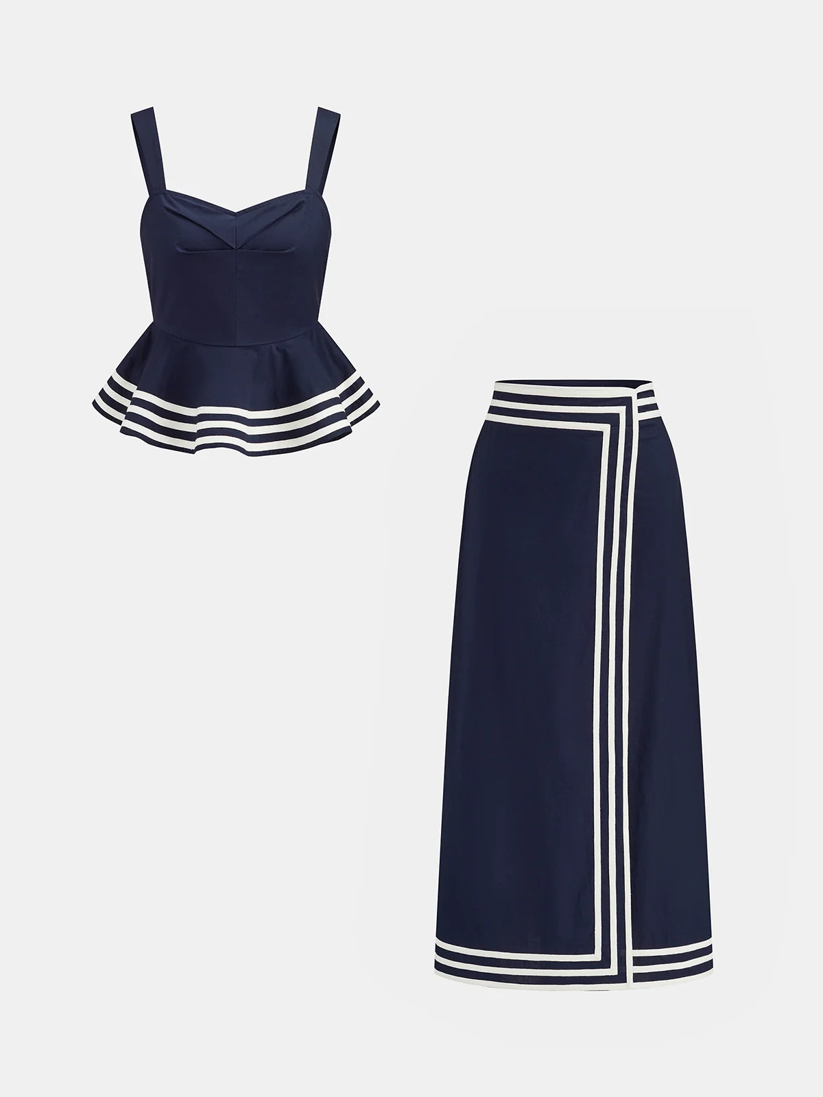 Cotton Peplum Top & Striped Midi Skirt Set | Commense