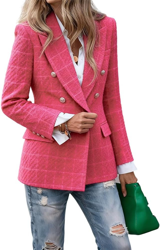 Women's Tweed Blazers 2026 Spring Long Sleeve Notch Collar Double Breasted Fully Lined Suit Jacke... | Amazon (US)