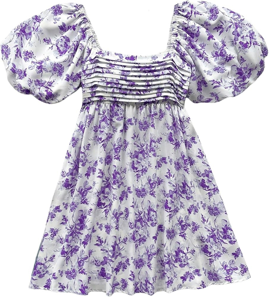 Floerns Women's Floral Print Bubble Sleeve Dress Square Neck Holiday A Line Mini Dresses | Amazon (US)
