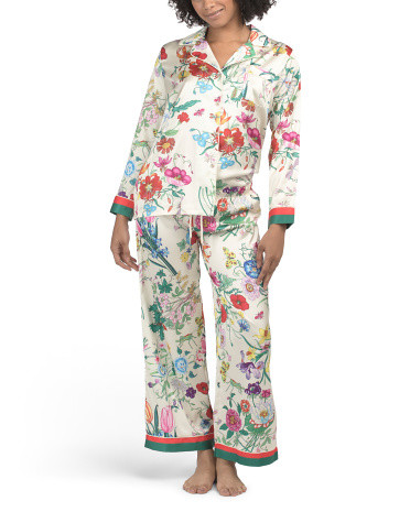 Satin Floral Notch Collar Pajama Top And Pants Set With Contrast Trim | Designer Clothing | Marsh... | Marshalls