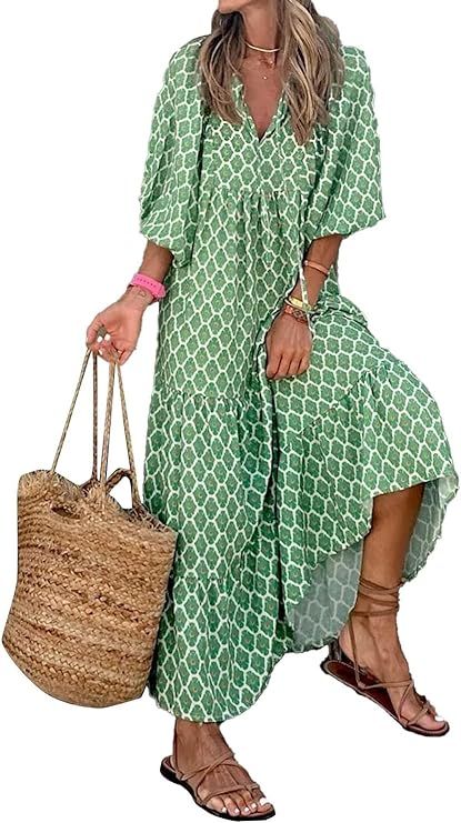 Dresses for Women 2023 Bohemian Floral Tiered Long Midi Dress with Puff Sleeves Flowy Summer Maxi... | Amazon (US)