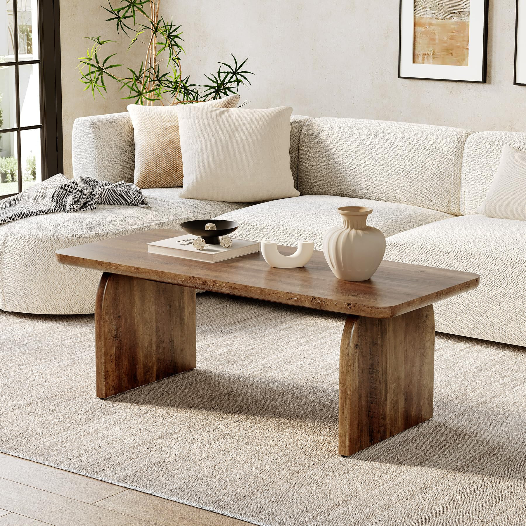 LITTLE TREE Farmhouse Coffee Table, 47 Inches Wooden Center Tables with Rounded Corners, Rectangu... | Amazon (US)