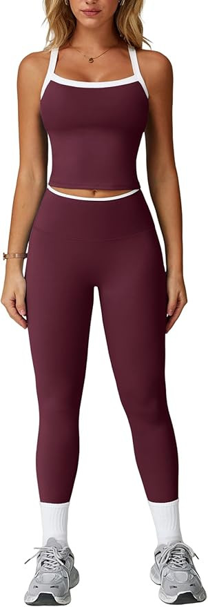 Women 2 Piece Workout Sets Padded Criss Cross Back Crop Tank High Waist Tummy Control Active Legg... | Amazon (US)