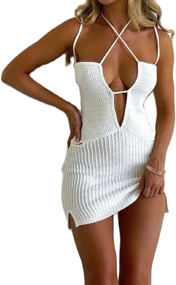 Women Sexy Backless Mini Dress Halter Crochet Knitted Beach Dress Tie Up Hollow Out Short Cover U... | Amazon (US)