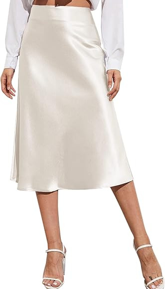 Zeagoo Womens Midi Skirt High Waisted Solid Satin Dress Zipper Elegant Work Skirts | Amazon (US)