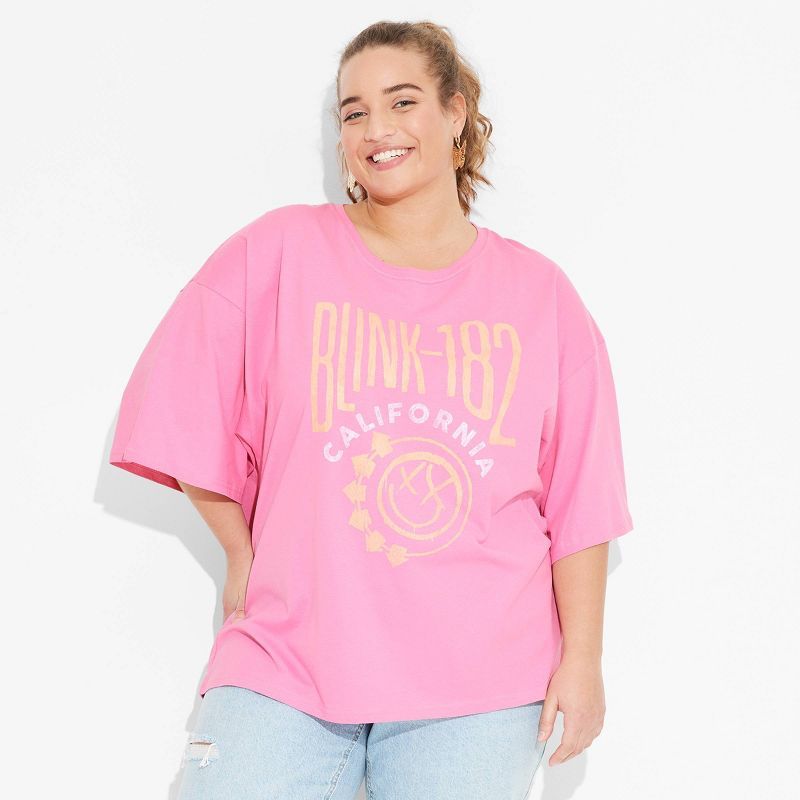 Women's Blink 182 Oversized Short Sleeve Graphic T-Shirt - Pink 1X | Target