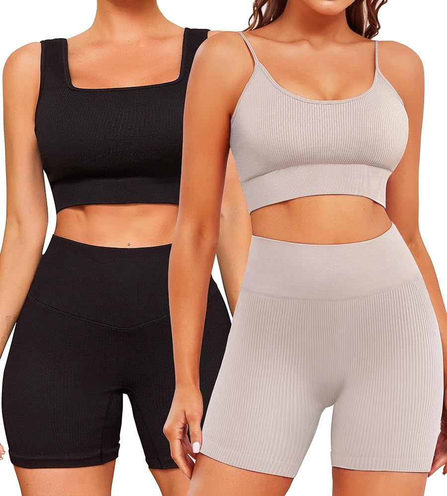 FINETOO Workout Sets for Women 4 Pieces Ribbed Crop Tank Shorts Active Gym Exercise High Waisted ... | Amazon (US)