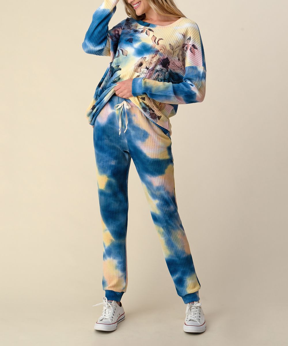 Blumin Women's Casual Pants Royal - Royal Tie-Dye & Floral Jogger Pajama Set - Women | Zulily