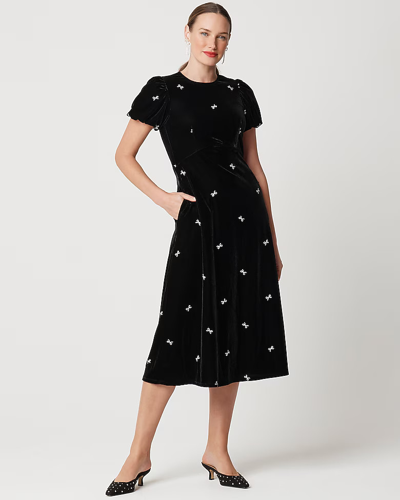 Velvet puff-sleeve midi dress | J.Crew Factory