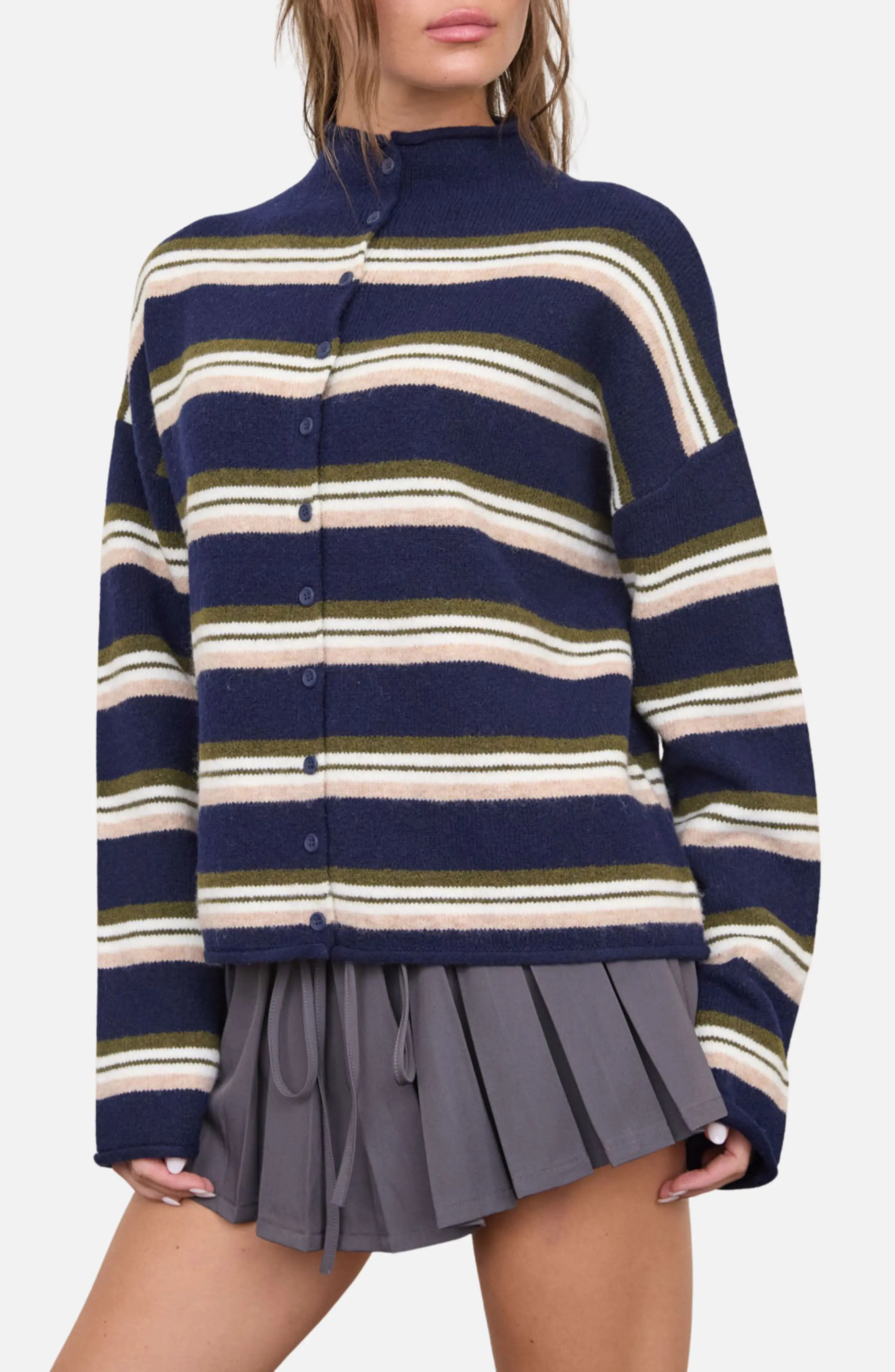 Blu Pepper Stripe Mock Neck Cardigan in Navy Multi at Nordstrom Rack, Size Large | Nordstrom Rack