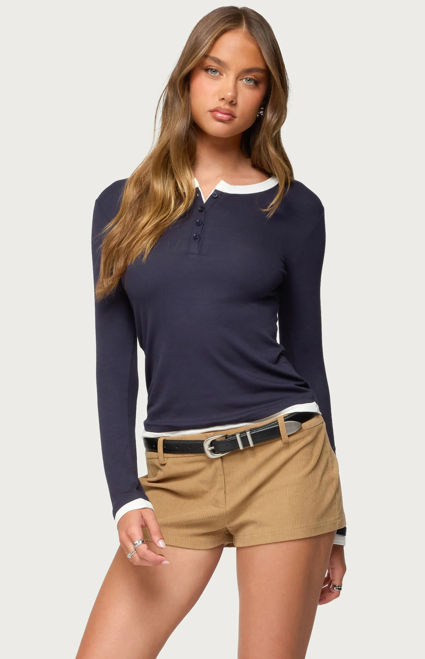 Edikted Women's Contrast Layered Look Henley Top in Navy - Size XS | PacSun