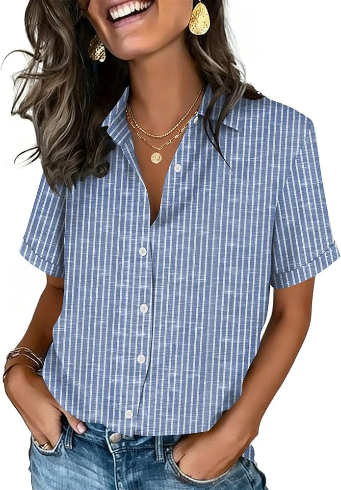 Zeagoo Button Down Shirts for Women Short Sleeve Collared Tops Dressy Casual V Neck Blouses | Amazon (US)