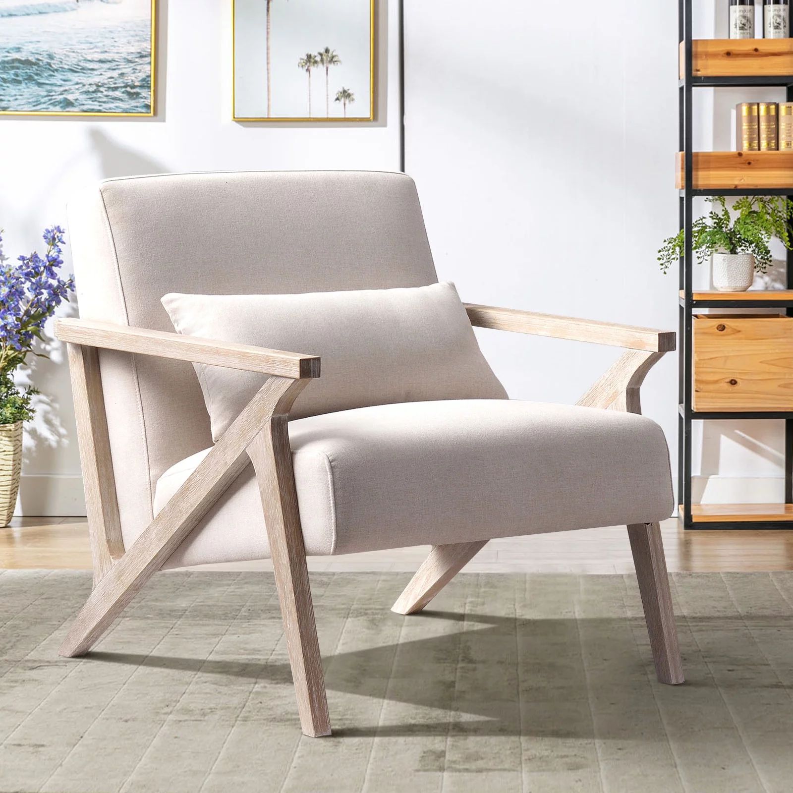 Bonzy Home Mid Century Accent Chair, Single Sofa Armchair for Living Room, Bedroom, Balcont,Beige | Walmart (US)