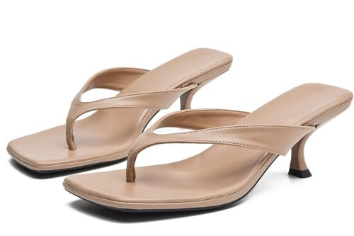DADAWEN Women's Kitten Heels Thong Sandals Square Open Toe Flip Flop Heels Slip On Fashion Summer Dressy Party Wedding Pumps Heeled Sandals Nude US Size 9.5 | Amazon (US)