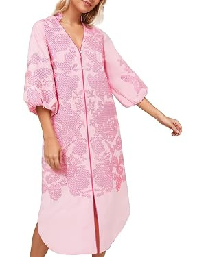 D-Sun Women Casual V-Neck Mid Dress Floral Embroidery 3/4 Sleeves Fall Winter Tunic Dress Loose Z... | Amazon (US)