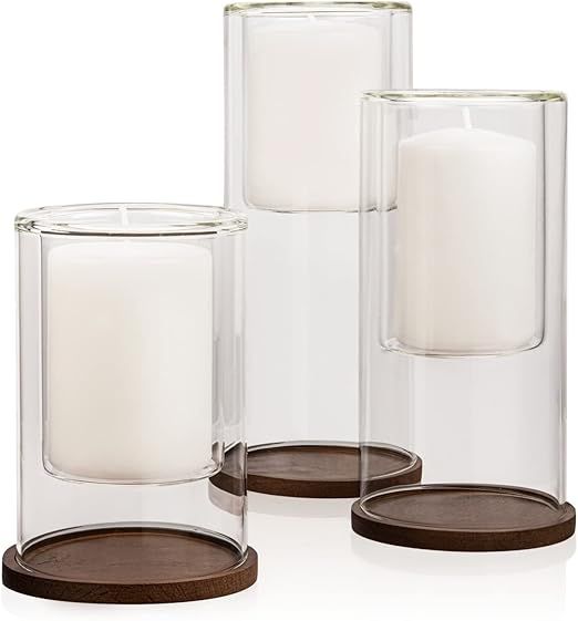 Elma Home Set of 3 Glass Hurricane Candle Holders with Beech Wood Coasters, Crystal Clear Glass P... | Amazon (US)
