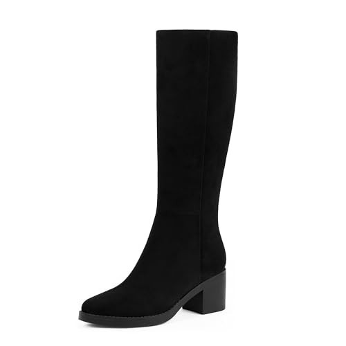 Easyfox Black Boots for Women Low Heeled Suede Knee High Boots Chunky Heel Tall Long Boot Round Toe Dress Block Heel Calf High Boot 2025 Size 8 | Amazon (US)