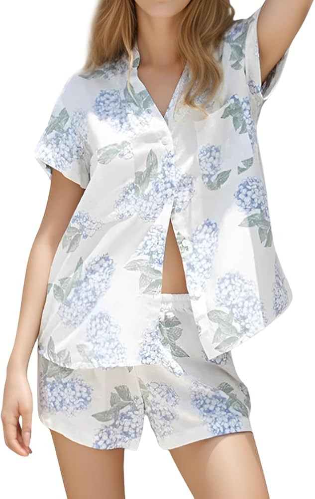 Womens Printed Pajamas Sets Short Sleeve Button Down Shirt and Shorts Soft Loungewear Set | Amazon (US)