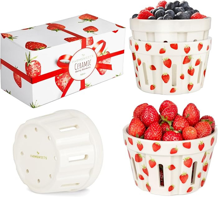 Ceramic Berry Basket, Set of 4 Strawberry Baskets, Berry Bowls with Holes, Ceramic Fruit Basket, ... | Amazon (US)