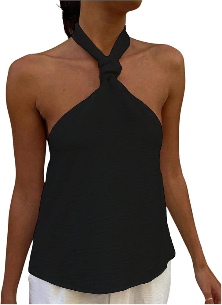 MakeMeChic Women's Halter Tops Criss Cross Backless Cute Going Out Tops Sleeveless Tie Casual Tex... | Amazon (US)