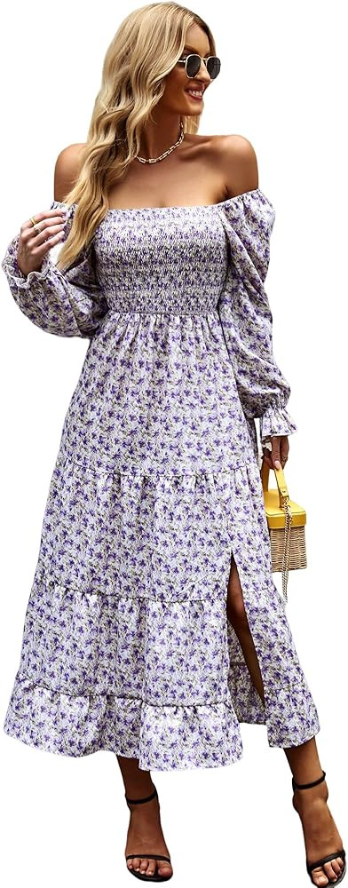 Women's Dress Floral Smocked Boho Maxi Women Long Sleeve Dress | Amazon (US)