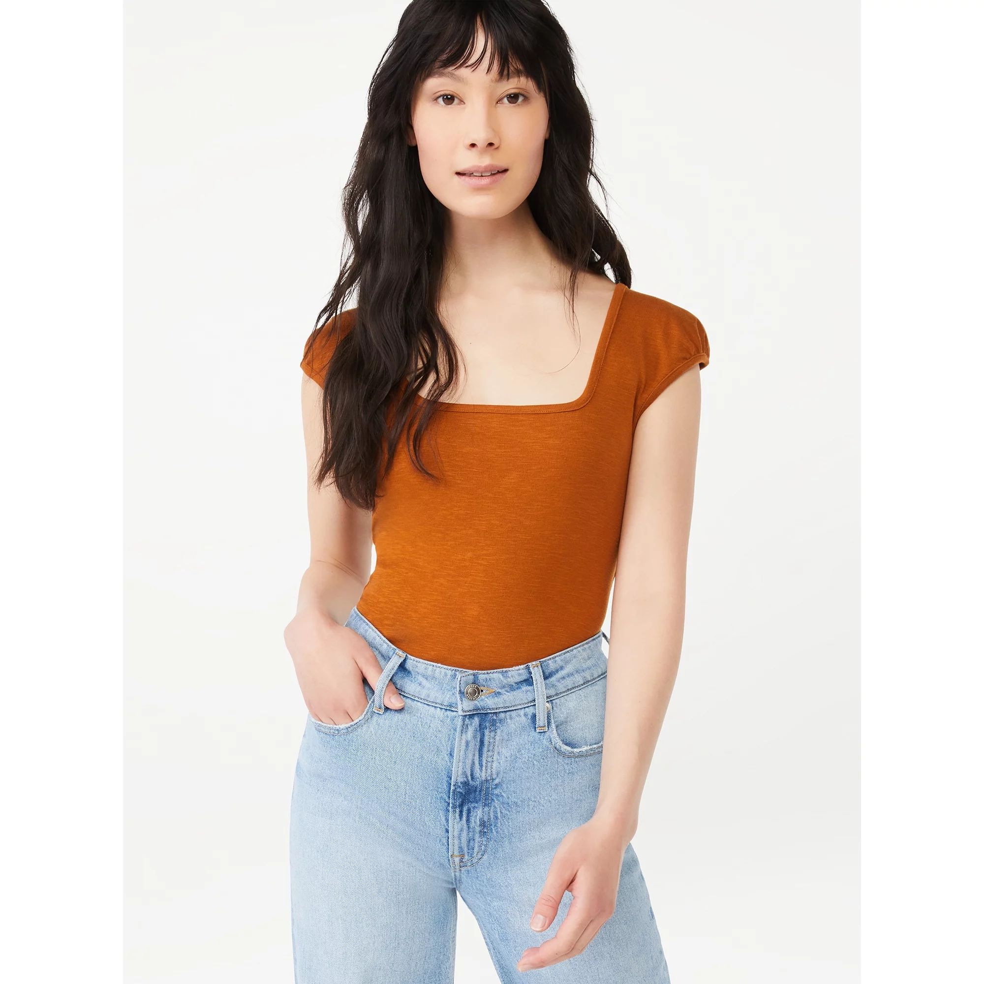 Free Assembly Women's Square Neck Bodysuit with Cap Sleeves | Walmart (US)