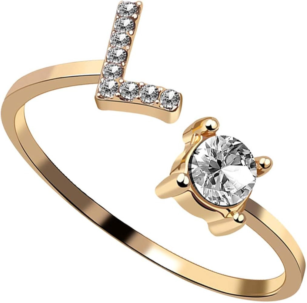 Letter Initial Alphabet Knuckle Rings A-Z Gold Crystal Adjustable Ring For Women Girls | Amazon (US)