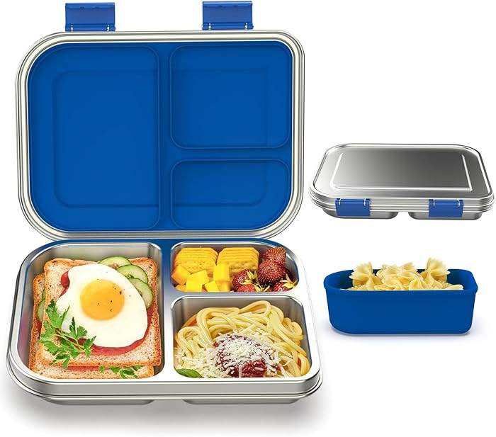 Stainless Steel Bento Box Kids, 3 Compartments Leak Proof Metal Bento Lunch Box, 304 Stainless St... | Amazon (US)