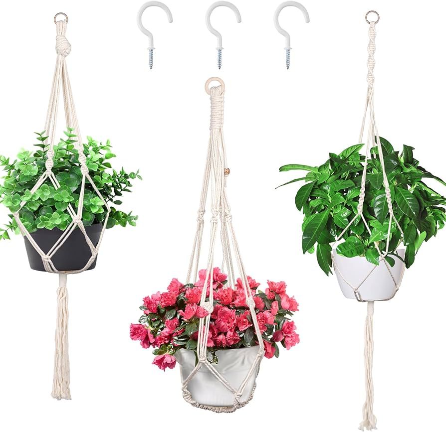 Macrame Plant Hanger - 3 Pack Indoor Hanging Planter with 3 Hooks, Handwoven Cotton Rope Hanging ... | Amazon (US)