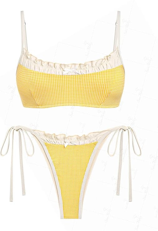 seamoly Gingham Spliced Ruched Ruffles Trim Bowknot Decor Tie Side Bikini Set | Amazon (US)