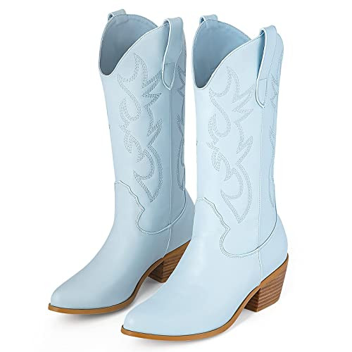 GOSERCE Navy Blue Cowboy Boots for Women with Embroidery Chunky Stacked Heel 2.5" Mid Wide Calf Cowgirl Boots Pointed Toe Fashion Lightblue-C,10 | Amazon (US)