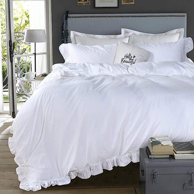 Queen's House White Ruffle Twin Duvet Cover, Washed Cotton Shabby Boho Chic Farmhouse Bedding Com... | Amazon (US)
