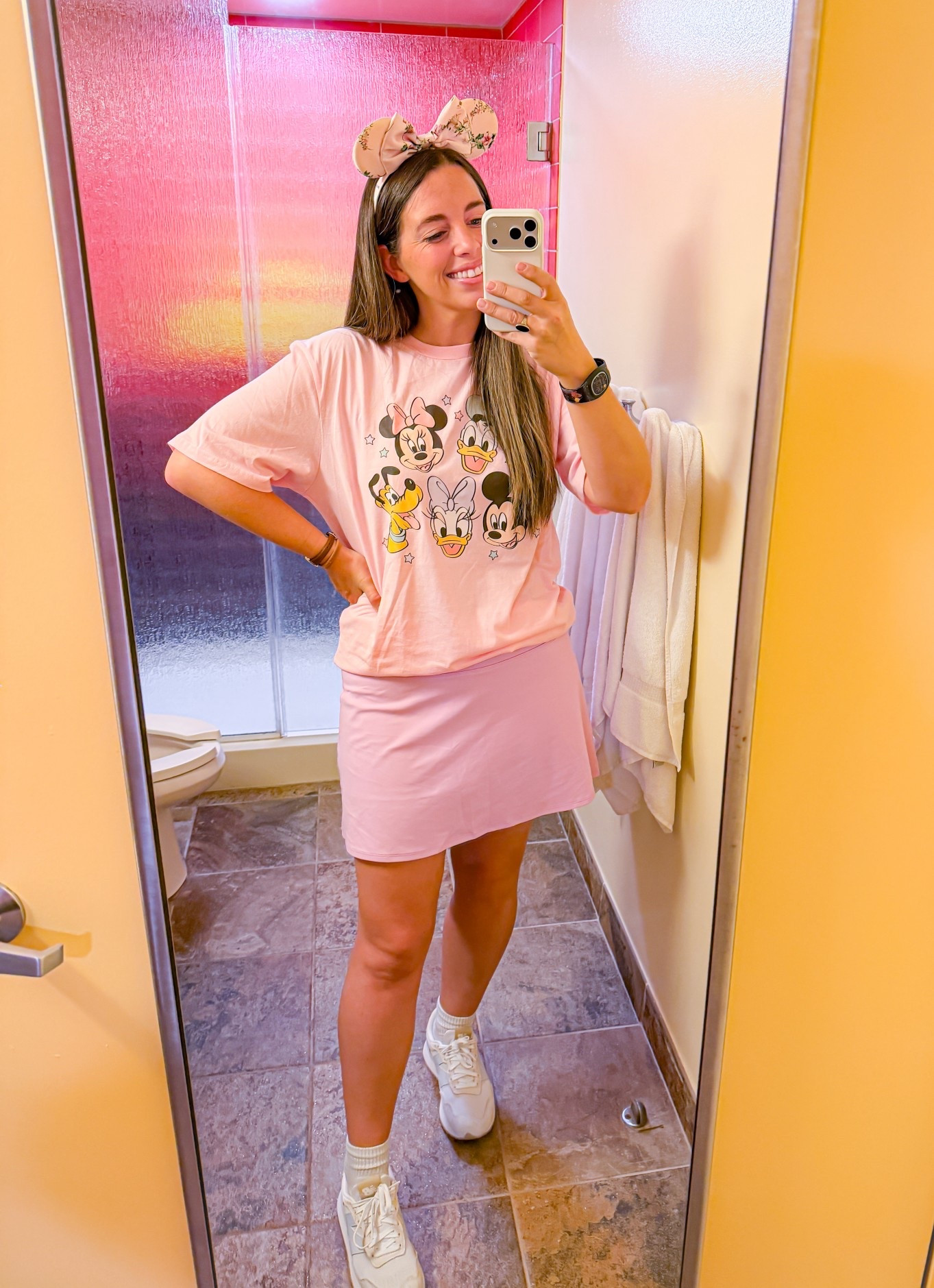 Magic Kingdom Disney Outfit. 
Mickey and friends character shirt from Etsy. Buttery soft athletic skirt with pockets. 
New Balance 237s I found at TJMaxx!
Floral Minnie ears I got from Amazon 
I am 5’6” and am wearing a Large in both. I wish I had gotten a medium in my shirt! 

#LTKootd #LTKTravel #LTKMidsize