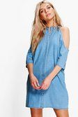 Jenny Longline Cold Shoulder Denim Shirt Dress | Boohoo.com (US & CA)