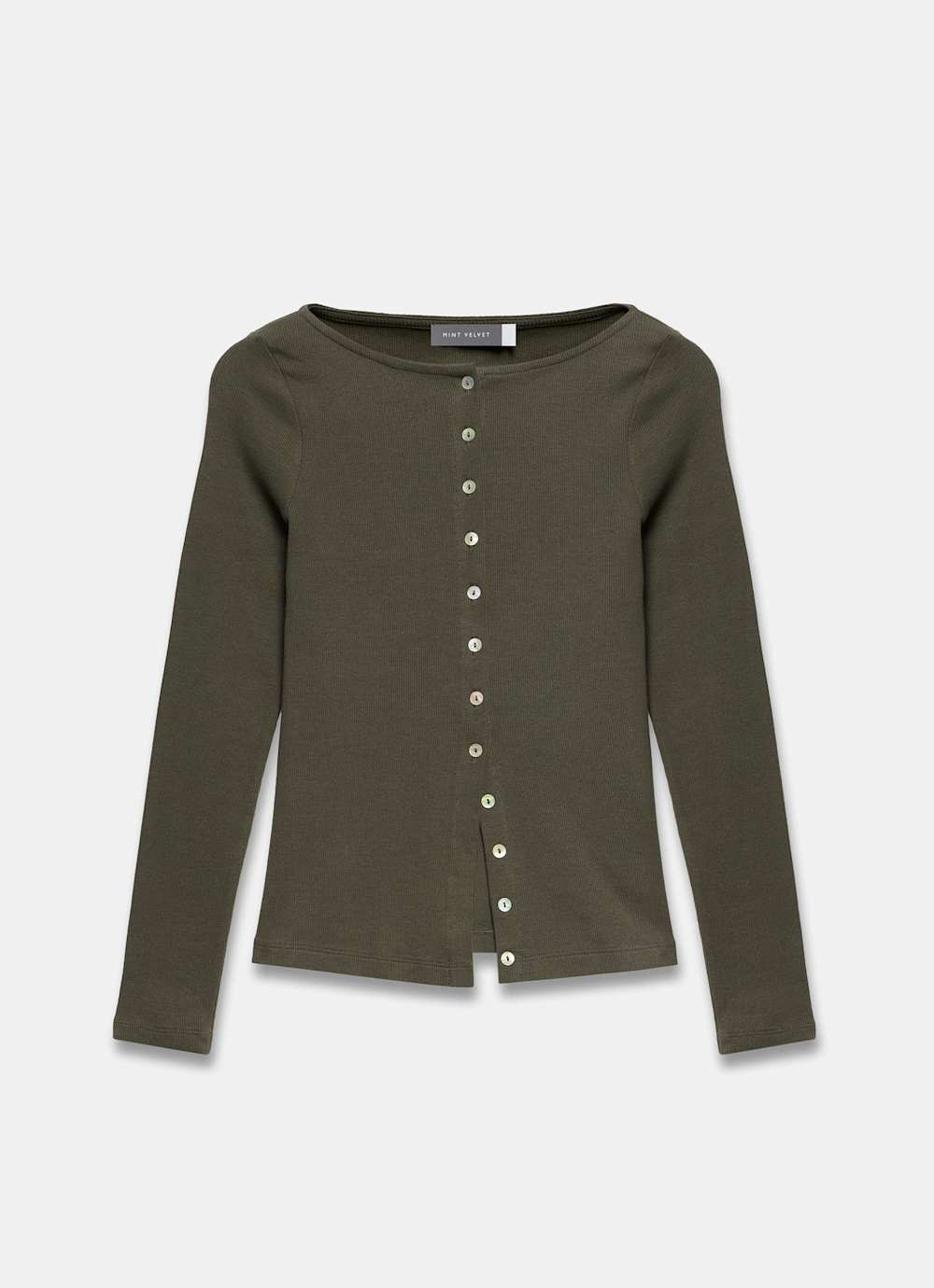 Khaki Cotton Blend Long Sleeve Top | Mint Velvet