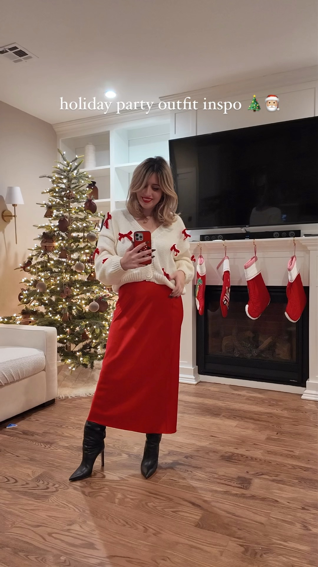 Love this outfit and style so much for the holidays! Skirt is from Zara style number 2157/252 and sweater is from Marshall’s, boots are Jimmy Choo! 