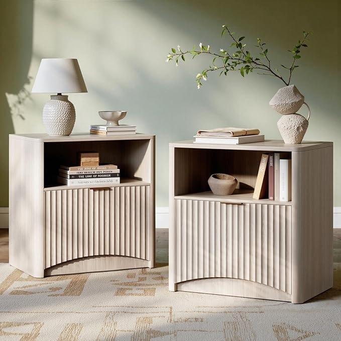 Evermagin Fluted Nightstand Set of 2, Bedside Table with Drawer and Storage, Wood End Table Mid C... | Amazon (US)