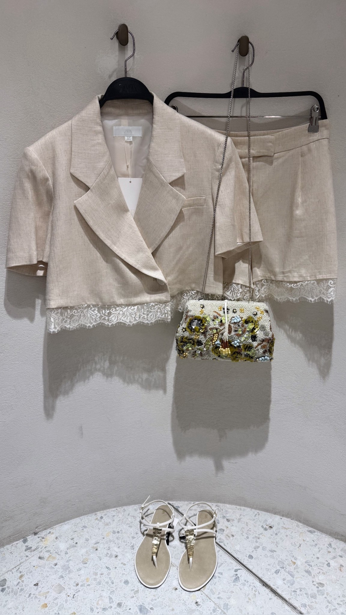 LACE TRIM LINEN SET✨
Tags: new in Zara cropped blazer cream neutral co-ord beaded embellished bag Chan strap sandals fashion date night city break holiday vacation trending trend summer style spring 

#LTKbag #LTKstyletip #LTKsummer