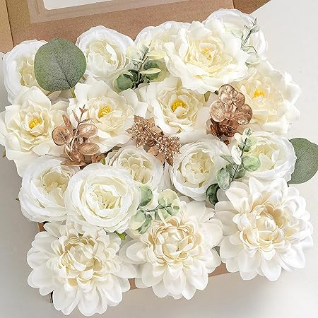 FACINOC White Rose Artificial Flowers Fake Flower Bulk with Stems for DIY Wedding Bouquet Bridal Baby Shower Centerpiece Table Decorations Silk Faux Floral Arrangements for Party Home Decor Indoor | Amazon (US)