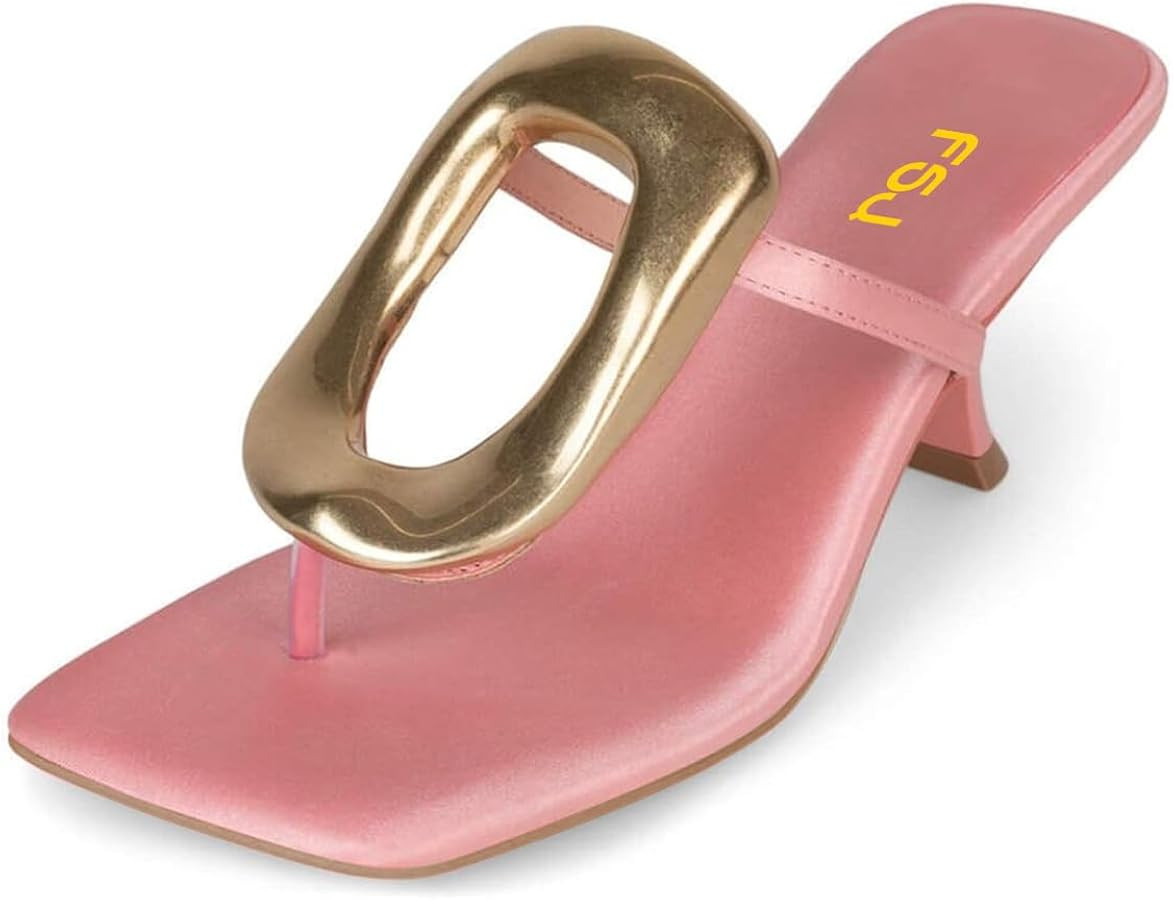 FSJ Women Chic Open Toe Kitten Heel Flip Flops Slip On Gold Detail Low Heeled Thong Sandals Casua... | Amazon (US)