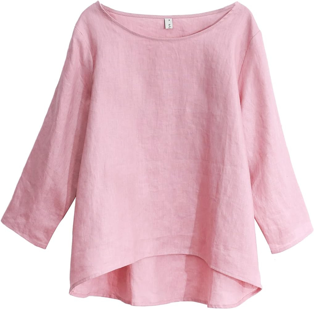 Amazhiyu Women's Linen 3/4 Sleeve Blouse Crew Neck Summer Casual Tops Loose Fit | Amazon (US)