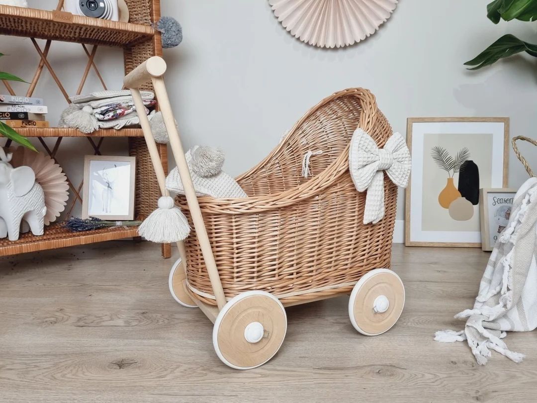 Wiklibox Wicker & Beech Wood Doll's Pram in NATURAL Color - Etsy | Etsy (US)