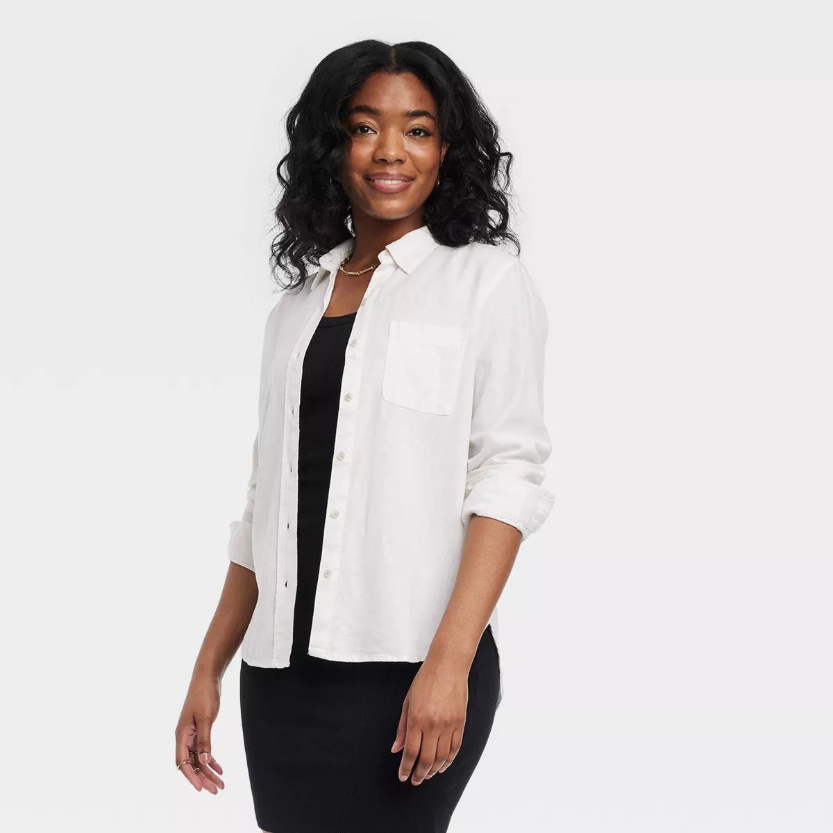 Women's Linen Long Sleeve Collared Button-Down Shirt - Universal Thread™ White L | Target