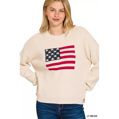 Zenana American Flag Crew Neck Sweater BEIGE S | Target