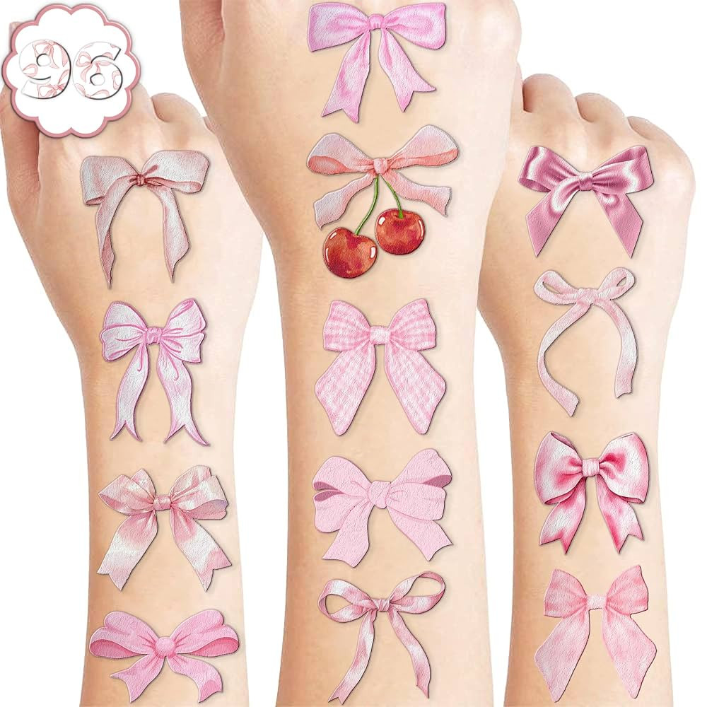 96 PCS Pink Bow Pre-Cut Temporary Tattoos Themed Birthday Party Decorations Decor Supplies Favors... | Amazon (US)