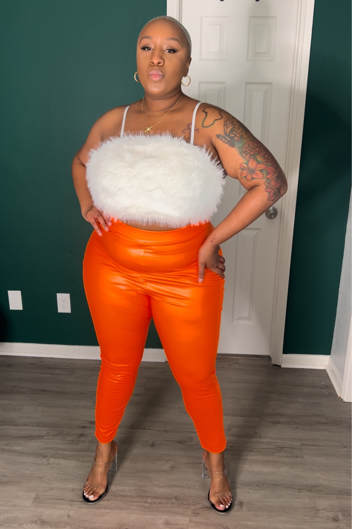 White, fuzzy, crop top, and orange faux leather pants | Size 2x 

#LTKstyletip #LTKplussize #LTKSpringSale