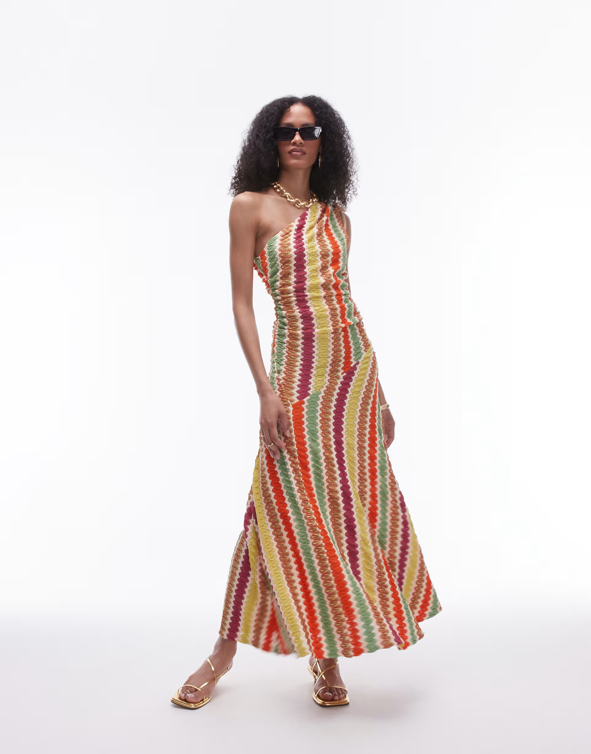 Topshop crochet one shoulder ruched side midi dress in multi stripe | ASOS (Global)