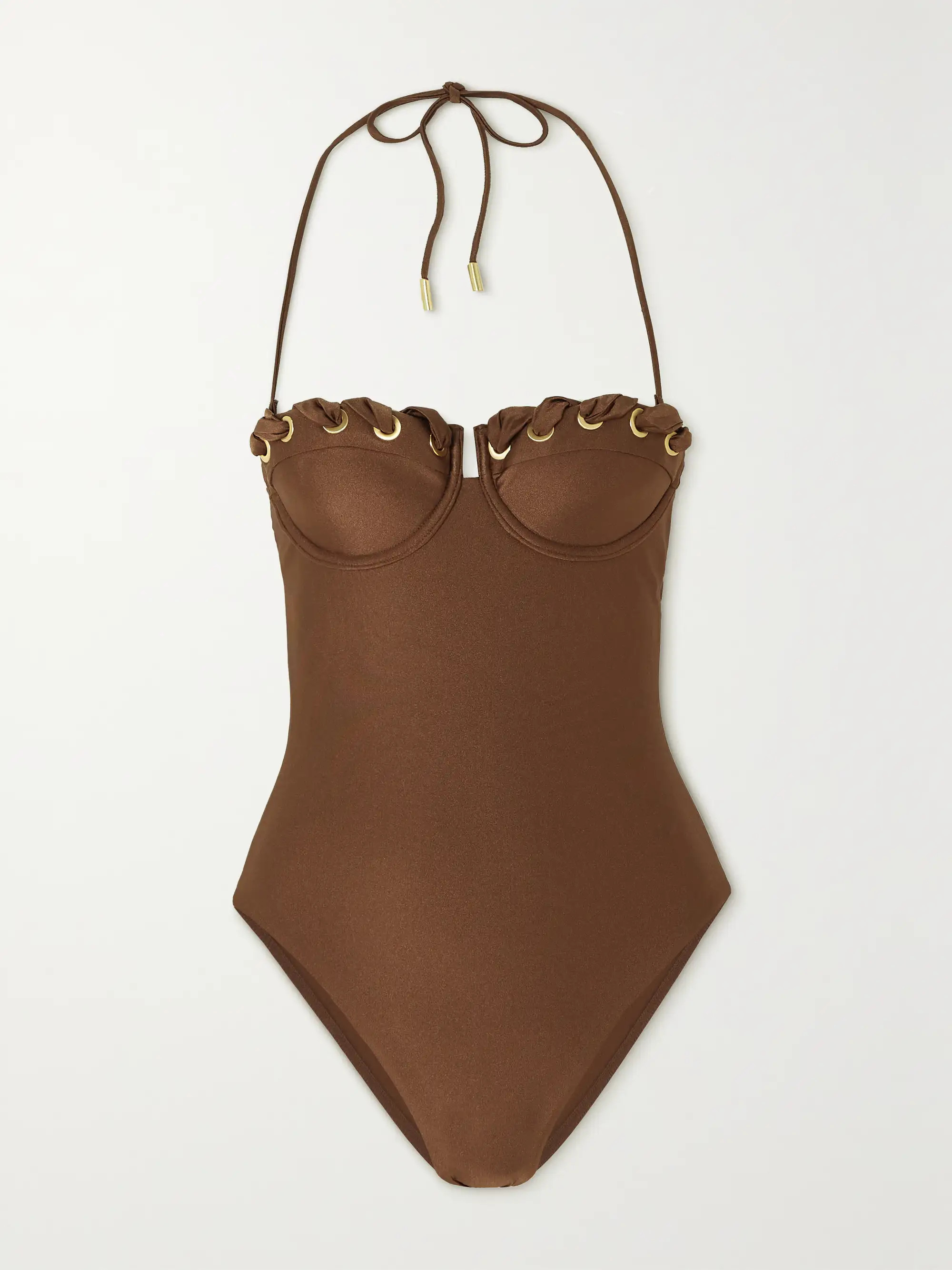 Devi eyelet-embellished cutout underwired halterneck swimsuit | NET-A-PORTER (US)