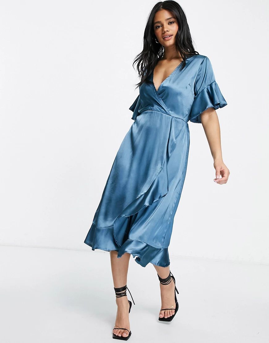 AX Paris satin ruffle midi dress in blue-Blues | ASOS (Global)