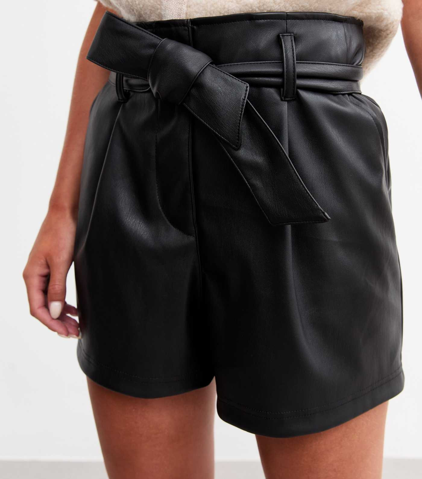 Petite Black Leather-Look Tie Waist Shorts  | New Look | New Look (UK)